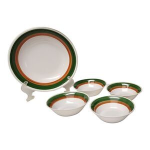 5PC Neiman Marcus Green Orange Stripe Soup & Serving Bowls